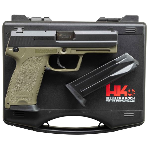 HK USP 45 GREEN SEMI AUTO PISTOL WITH CASE.