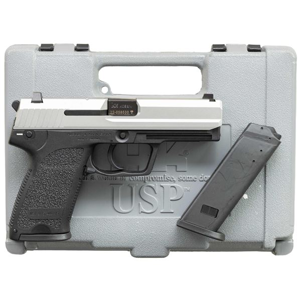 HK USP 40 STAINLESS SEMI AUTO PISTOL WITH CASE.