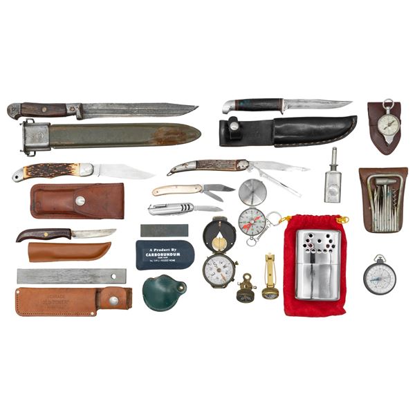 GROUPING OF KNIVES, COMPASSES, HAND WARMER, ETC.