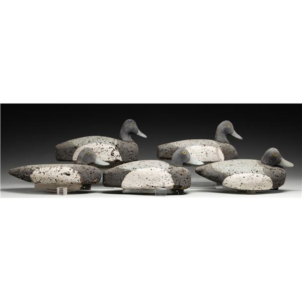 5 ROBERT HOLZWORTH WOOD DUCK CORK DECOYS.