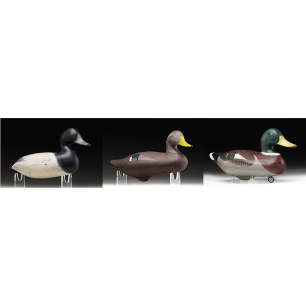 THREE DUCK DECOYS.