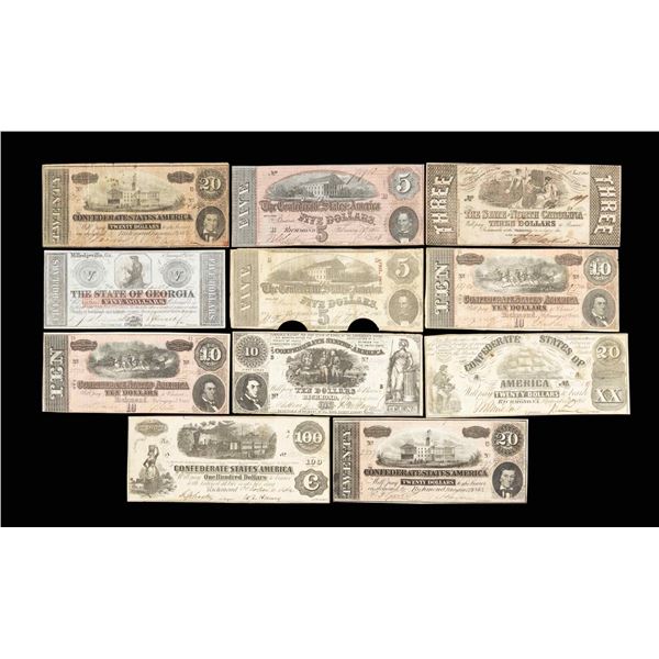 GROUP OF 11 CONFEDERATE BANK NOTES.