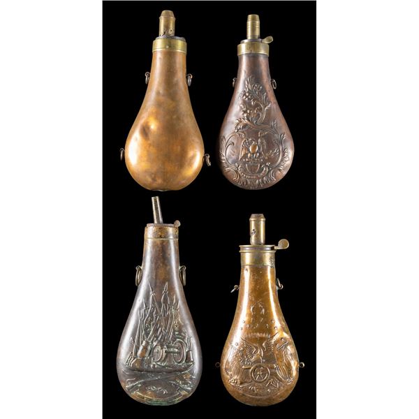 GROUP OF 4 EAGLE EMBOSSED POWDER FLASKS.