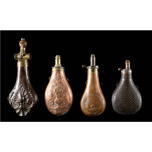 GROUP OF 4 ANTEBELLUM DECORATED POWDER FLASKS.