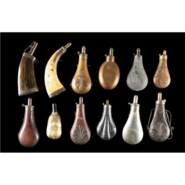 GROUP OF 12 INTERESTING ANTEBELLUM POWDER HORNS.