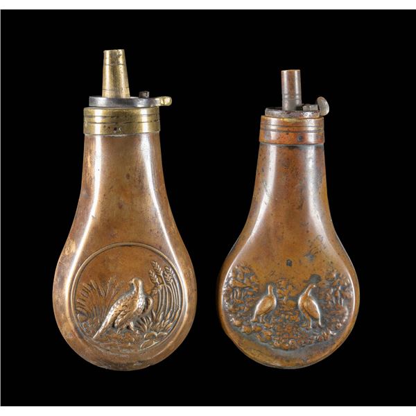 PAIR OF EMBOSSED RIFLE FLASKS.