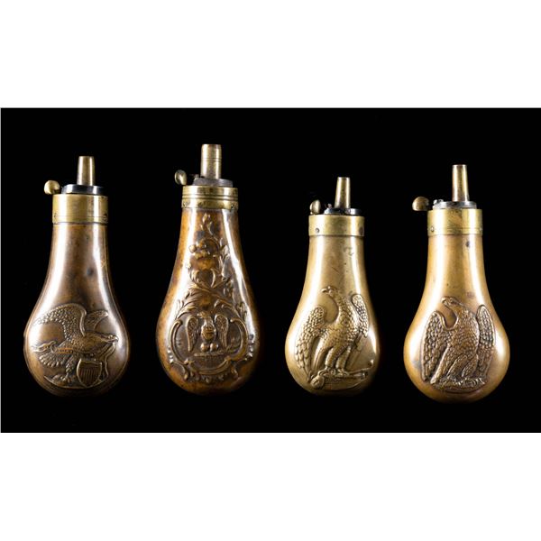 GROUP OF 4 FINE EAGLE PISTOL FLASKS.