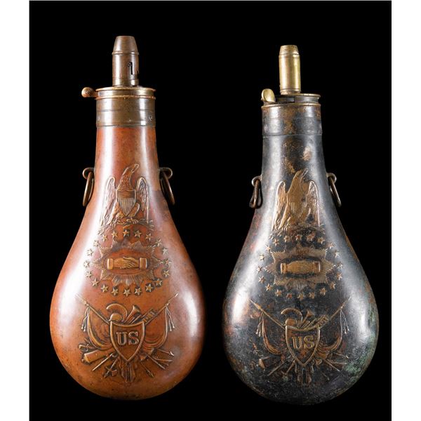 TWO ANTEBELLUM MILITARY "PEACE" POWDER FLASKS.
