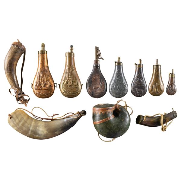 11 POWDER FLASKS AND HORNS.