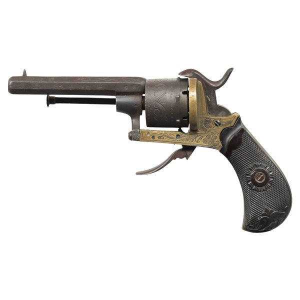 GERMAN PROOFED, BRASS FRAME PINFIRE REVOLVER.