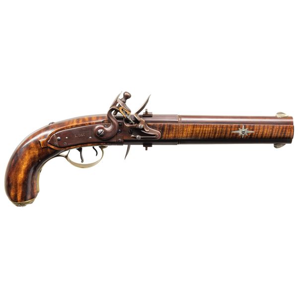 L DAY CONTEMPORARY SWIVEL BREECH FLINTLOCK PISTOL.