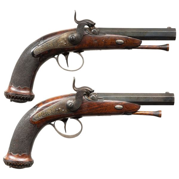PAIR OF UNMARKED PERCUSSION TRAVELING PISTOLS.