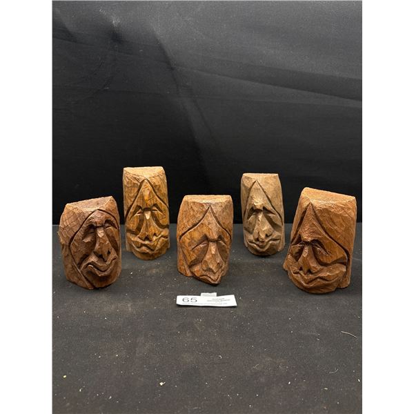 Lot of 5 West Coast Native Squamish Cedar Head Carvings, Signed