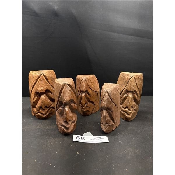 Lot of 5 West Coast Native Squamish Cedar Head Carvings, Signed