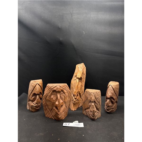 Lot of 5 West Coast Native Squamish Cedar Head Carvings, Signed