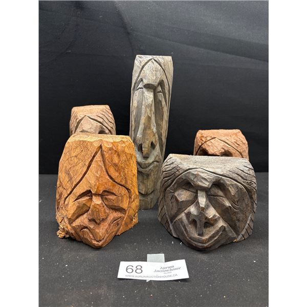 Lot of 5 West Coast Native Squamish Cedar Head Carvings, Signed