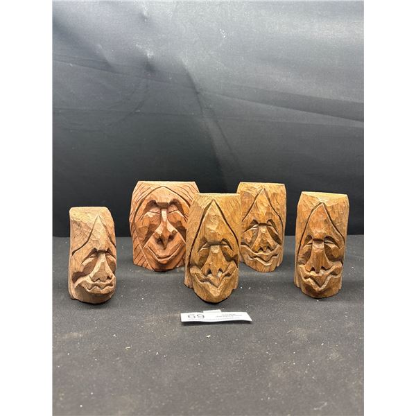 Lot of 5 West Coast Native Squamish Cedar Head Carvings, Signed