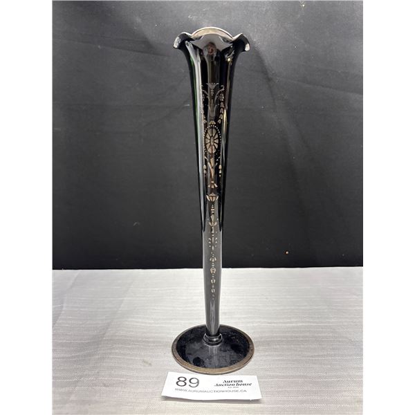 Black Amethyst Vase w/ Silver Overlay Trumpet Vase
