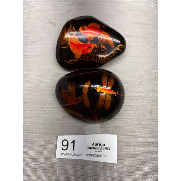 Japanese Laquerware Stones Koi and Dragonflies