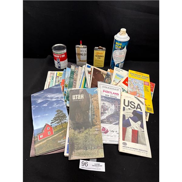 Collectible Lot of Old Oil Tins and Road Maps