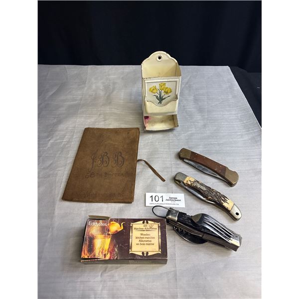 WW1 Vancouver BC 68th Batallion Leather Book Cover + Vintage Knvies and Matchwall Holder