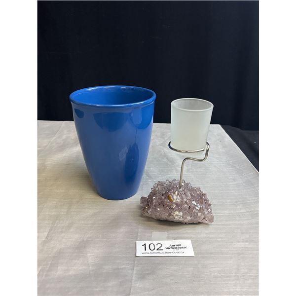 Very Nice Amethyst Stone Candle Holder Plus Blue Vase