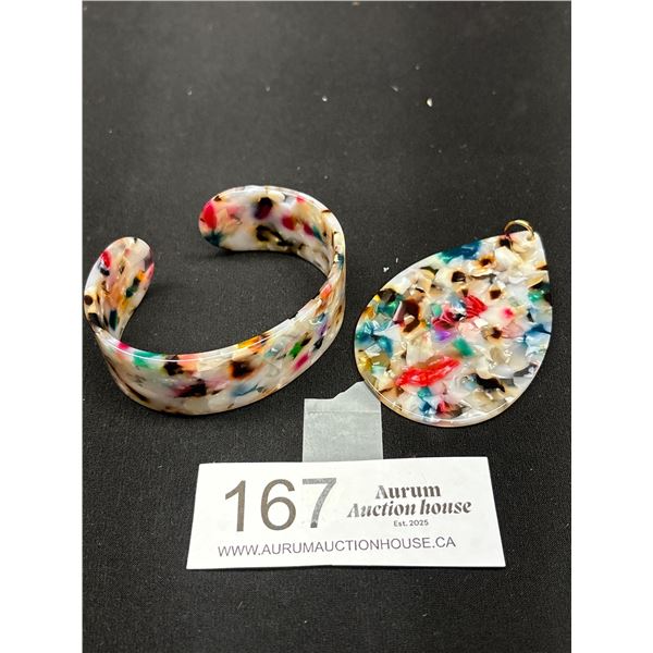 Vintage Open Cuff Acrylic Resin Confetti Bracelet and Pendant