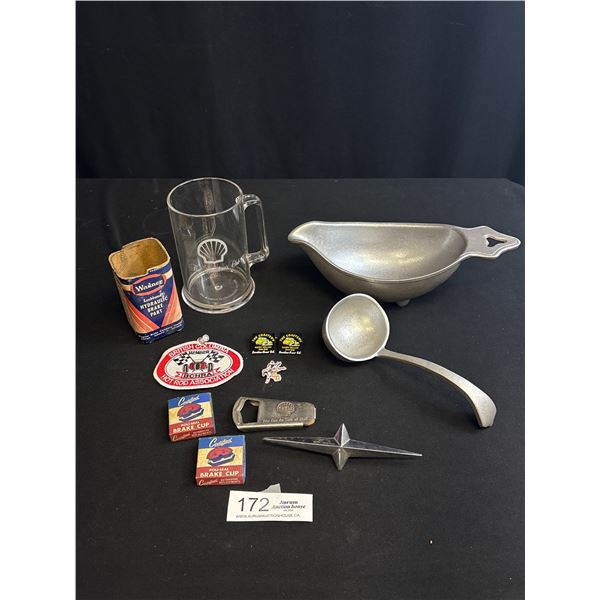 Vintage Collectible Lot of Alluminum Pot and Ladle Shell Gas Mug Etc