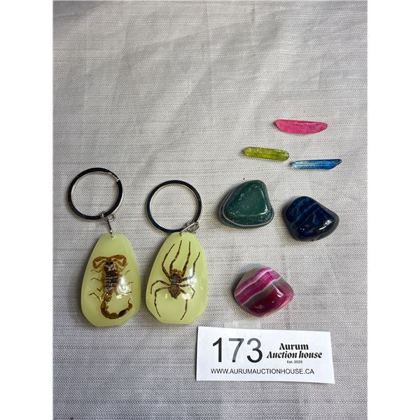 Vintage Lot of Coloured Stones and Glow in Dark Key Chain, w/ Preserved Spider etc