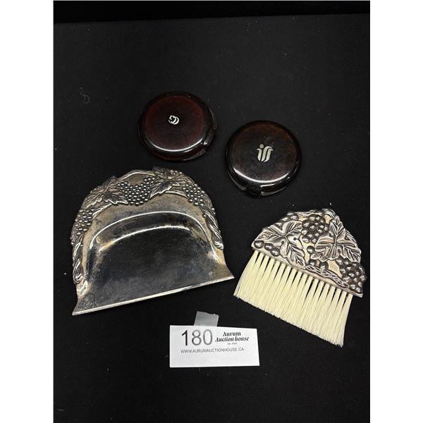 Vintage Silver Plated Crumb Tray and Brush w/ 2 Vintage Powder Makeup Containrs