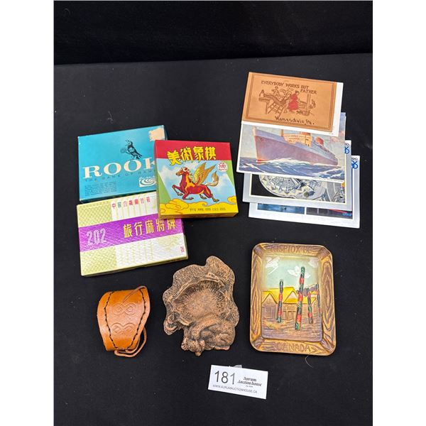 Vintage Collectible Lot of Old Postcards, Card Games, Mini Souvenier Tray and Leather Wristband