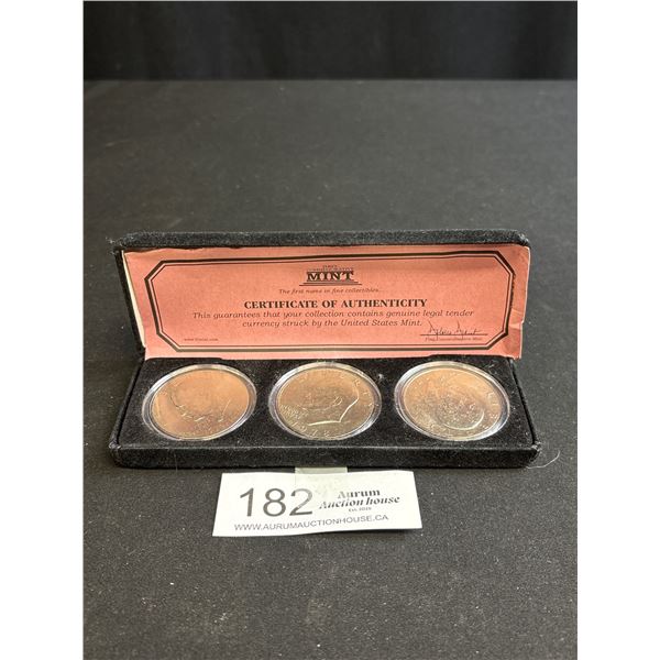 Lot of 3 US Eisenhower Dollars In Case From The Mint w/ COA