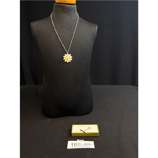 Very Nice Silvertone Chain w/ Pearl Sun Pendant and A Pearl Tie Button