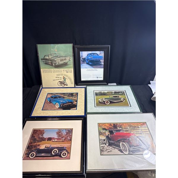 Lot of 6 Nicely Framed Car Photos and Advertisments