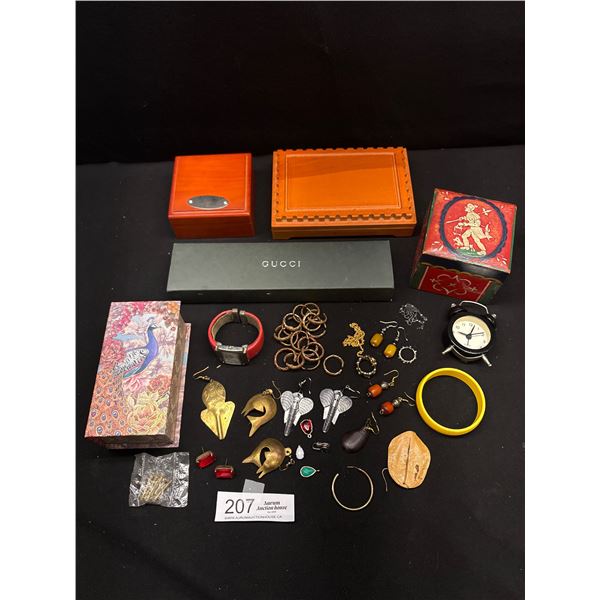 Music Box Jewelry Box + Other Boxes w/ Jewelry and Empty Gucci Watch Box