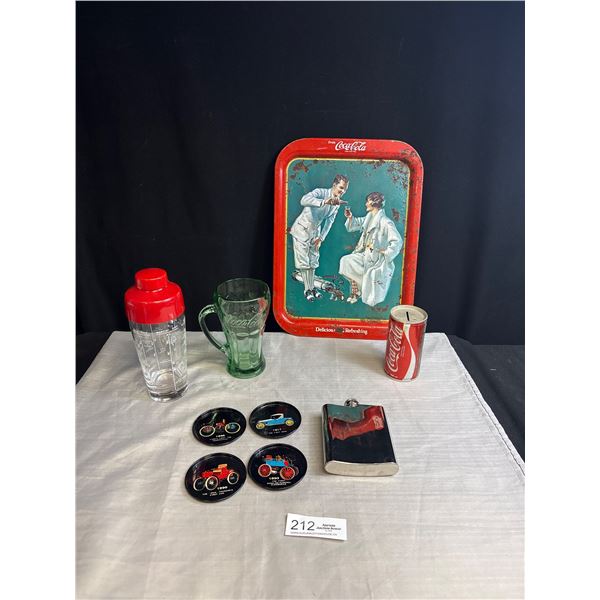 Collectible Lot of Coca Cola Tray, Glass Cups, Mixing Jar and Flask