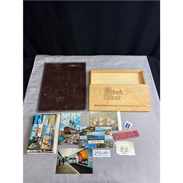 Small Vintage Wooden Box Full of Old Postcards, Stamps and 8" x 12" Stained Glass