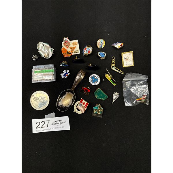 Misc Collectible Lot Mother of Pearl, Lighter, Tokens and Collector Pins
