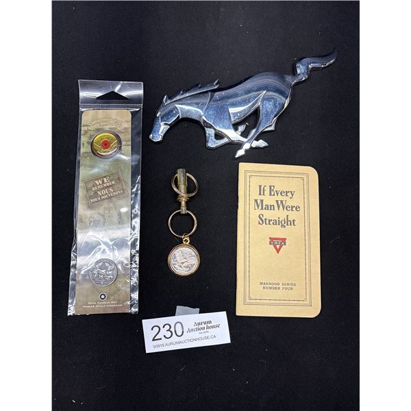 Vintage Mustand Emblum + American Coin Keychain Book and Canadian Coin in Package