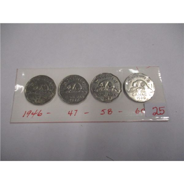1946, 1947, 1958 & 1960 CANADA NICKELS