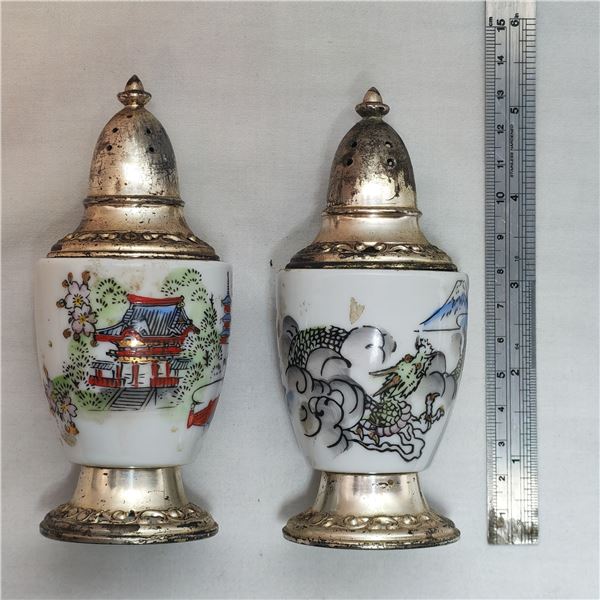 Antique Silver Ceramic and Glass Salt and Pepper Shakers