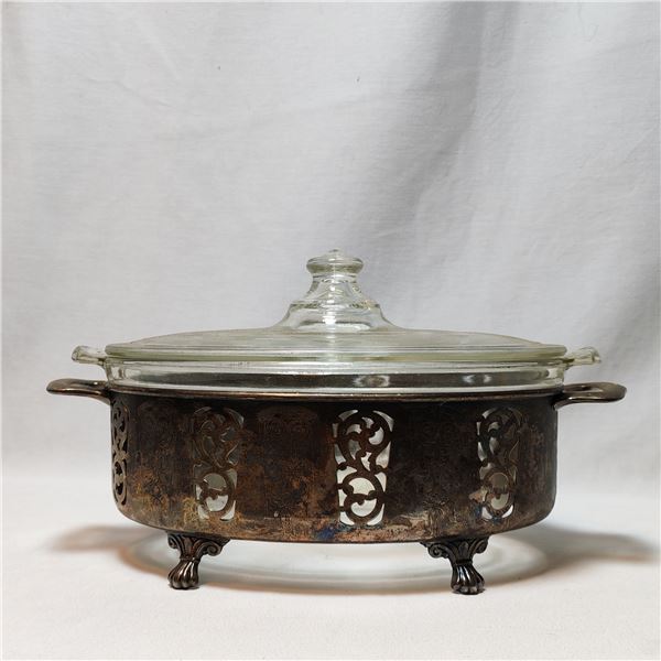 Vintage Pyrex Casserole Dish with Silver Plate Holder