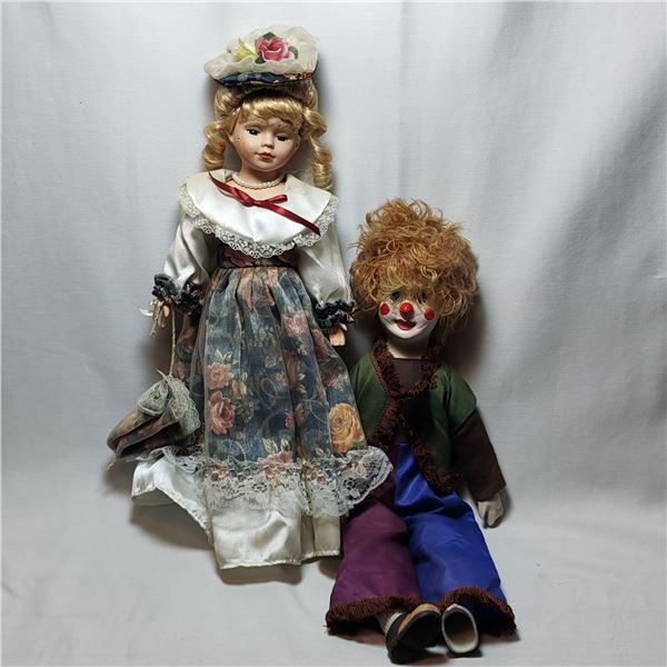 Lot of Two Porcelain Dolls – Lady, Clown
