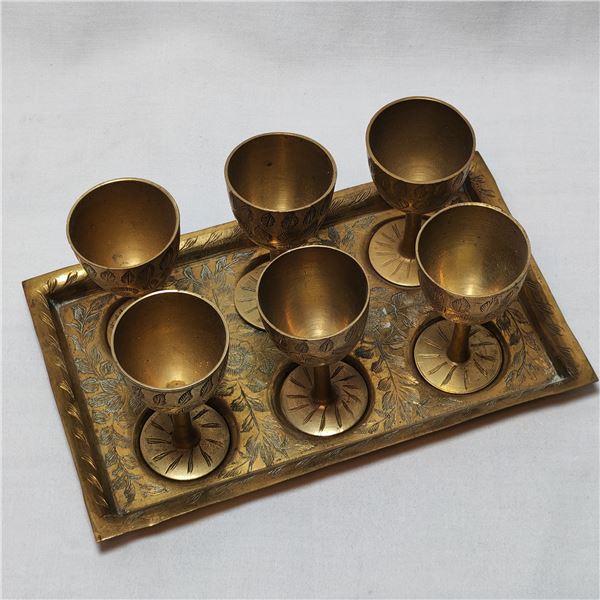 Lot of Brass Shot Glasses with Matching Tray
