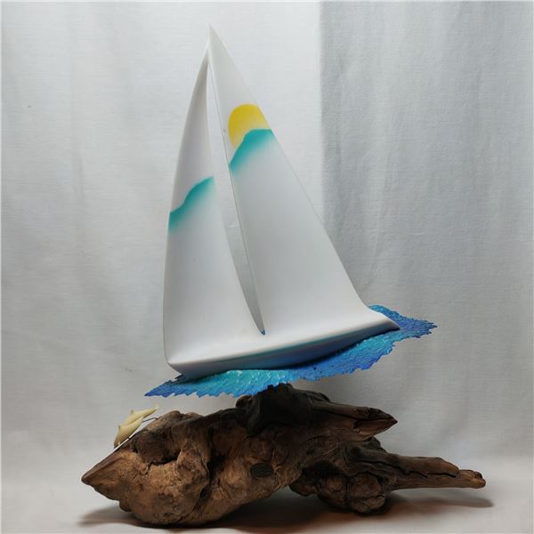 John Perry Vintage Sculpture Sailboat Dolphins Burl Wood Nautical