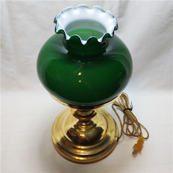 Brass Electric Lamp with Bankers Green Glass Shade