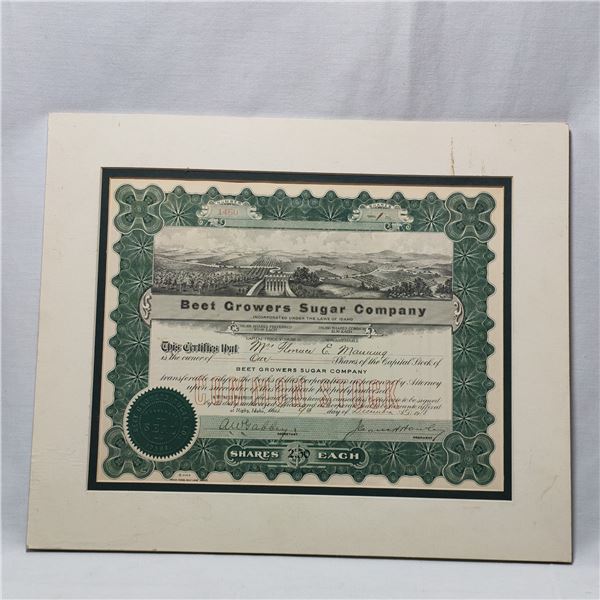 Beet Growers Sugar Company Idaho Stock Certificate