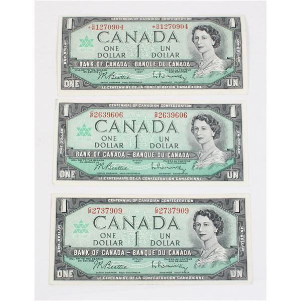 107 1967 Canada $1 One Dollar Bill QEII Lot of 3