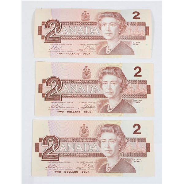 109 1986 Canada $2 Two Dollar Bill QEII Lot of 3