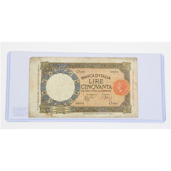 #110 WW2 Italy 1939 50 Lire Banknote Paper Money